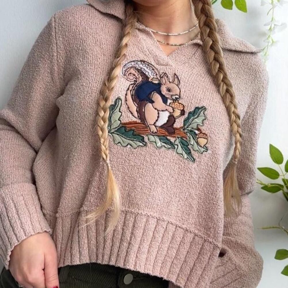 Upcycled tan acorn collecting squirrel patchwork embroidered collared sweater